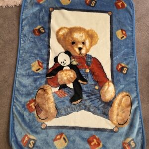 Vintage Blue Jean Teddy Bear Baby Blanket